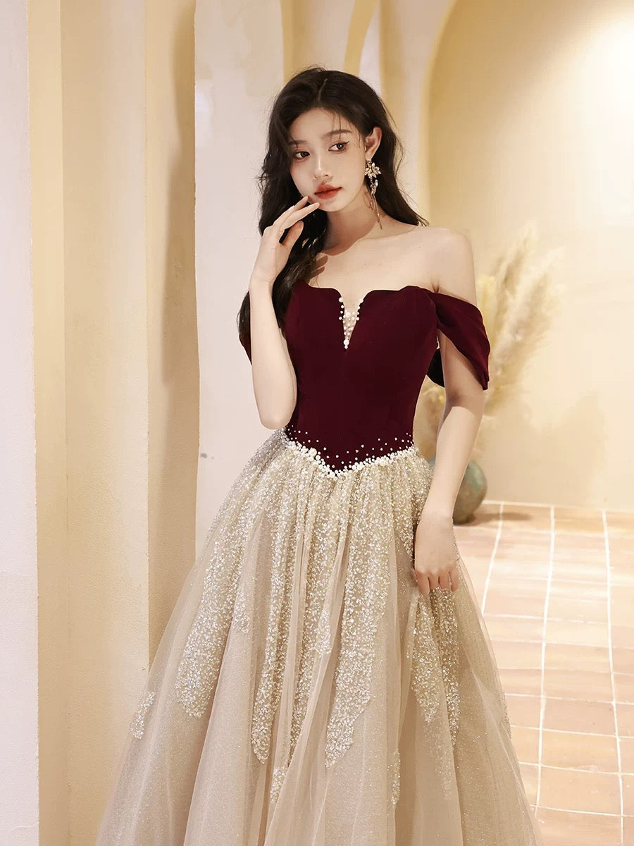 A-Line Off Shoulder Tulle Velvet Floor Length Champagne Formal Prom Dresses With Sequin
