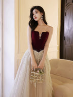 A-Line Off Shoulder Tulle Velvet Floor Length Champagne Formal Prom Dresses With Sequin