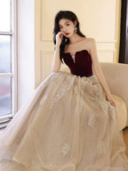 A-Line Off Shoulder Tulle Velvet Floor Length Champagne Formal Prom Dresses With Sequin