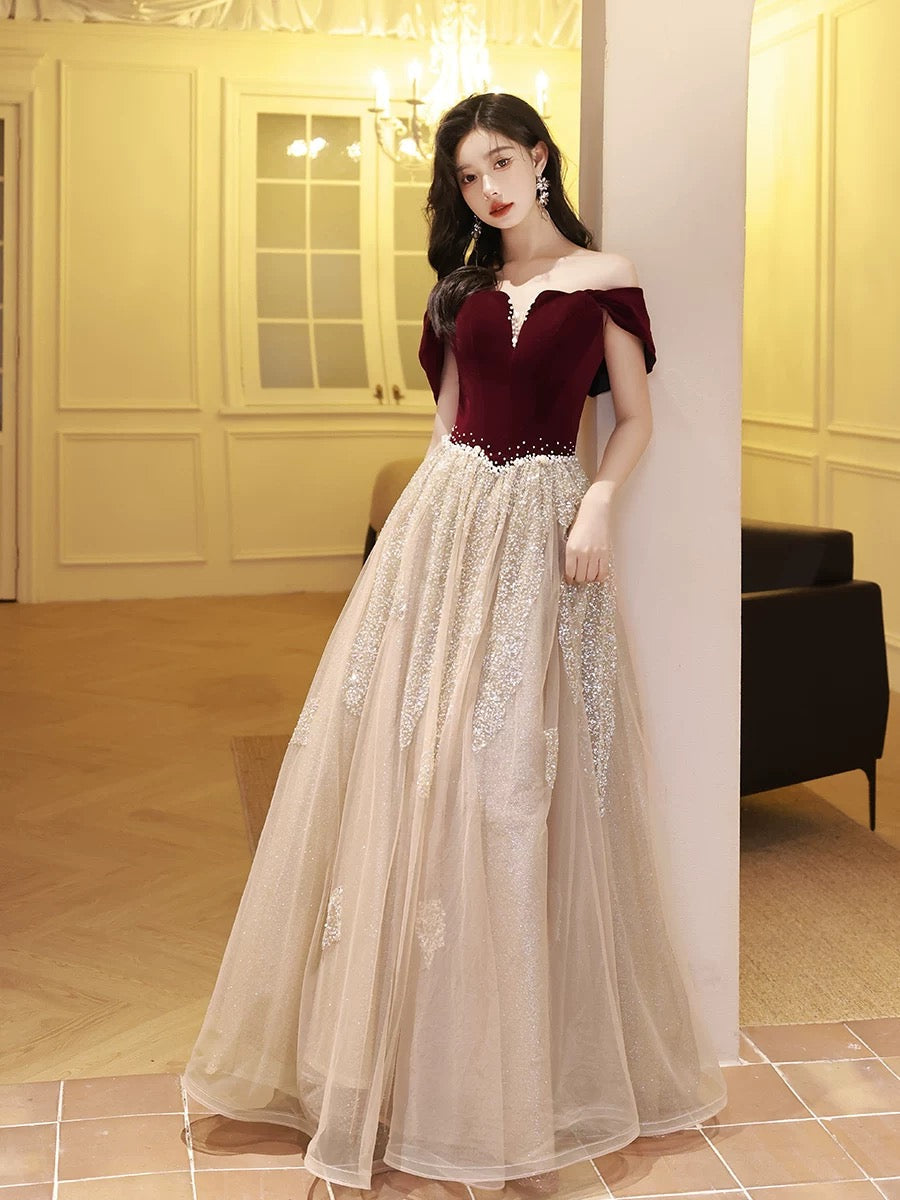 A-Line Off Shoulder Tulle Velvet Floor Length Champagne Formal Prom Dresses With Sequin