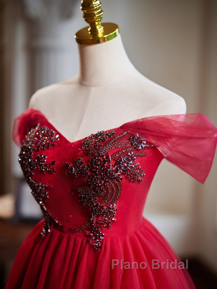 A-Line Off Shoulder V Neck Tulle Burgundy Short Formal Prom Dresses With Beads