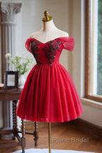A-Line Off Shoulder V Neck Tulle Burgundy Short Formal Prom Dresses With Beads