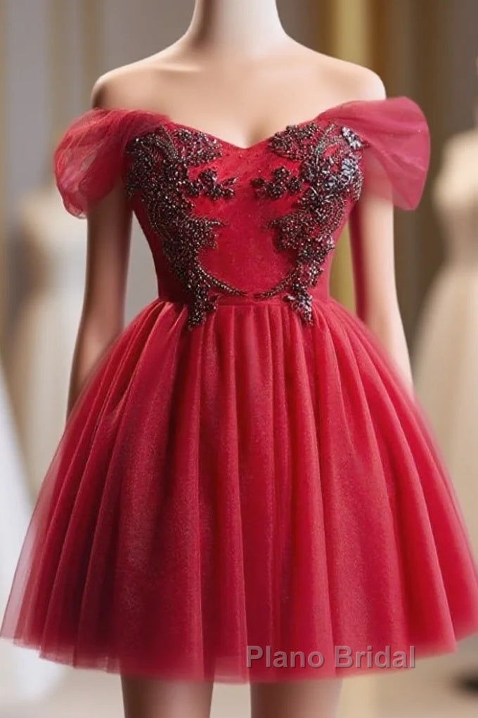 A-Line Off Shoulder V Neck Tulle Burgundy Short Formal Prom Dresses With Beads Main image