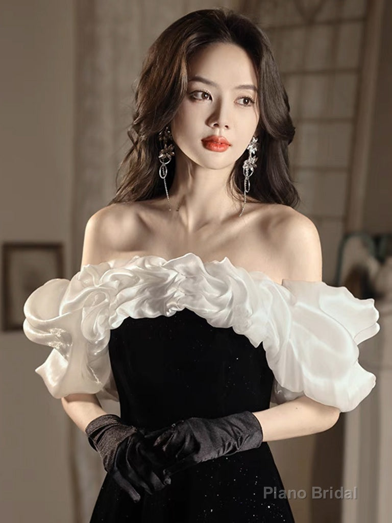 A-Line Off Shoulder Velvet Black Long Prom Dress, Black Long Evening Dress Secondary image