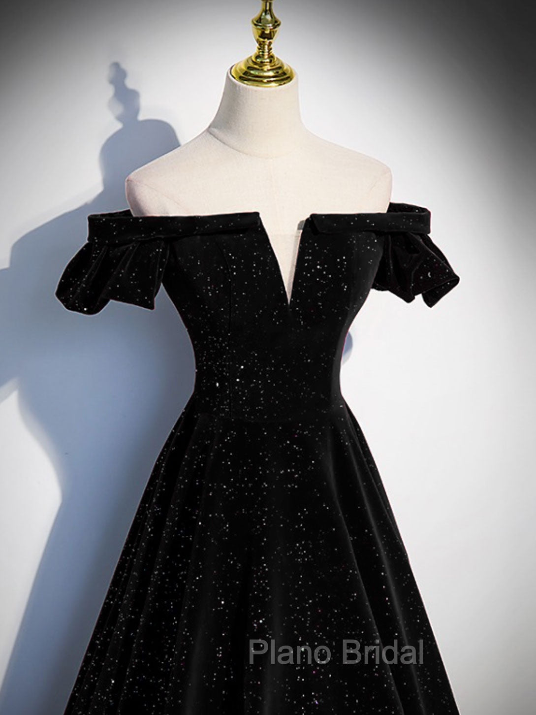A-Line Off Shoulder Velvet Black Long Formal Prom Dresses, Black Formal Evening Dresses