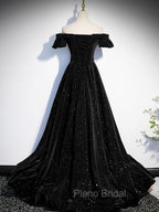 A-Line Off Shoulder Velvet Black Long Formal Prom Dresses, Black Formal Evening Dresses