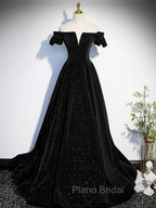A-Line Off Shoulder Velvet Black Long Formal Prom Dresses, Black Formal Evening Dresses