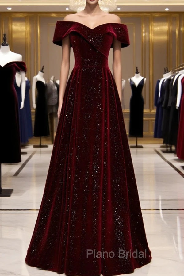 A-Line Off Shoulder Velvet Burgundy Long Formal Prom Dresses, Burgundy Long Formal Dresses Main image