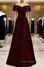 A-Line Off Shoulder Velvet Burgundy Long Formal Prom Dresses, Burgundy Long Formal Dresses