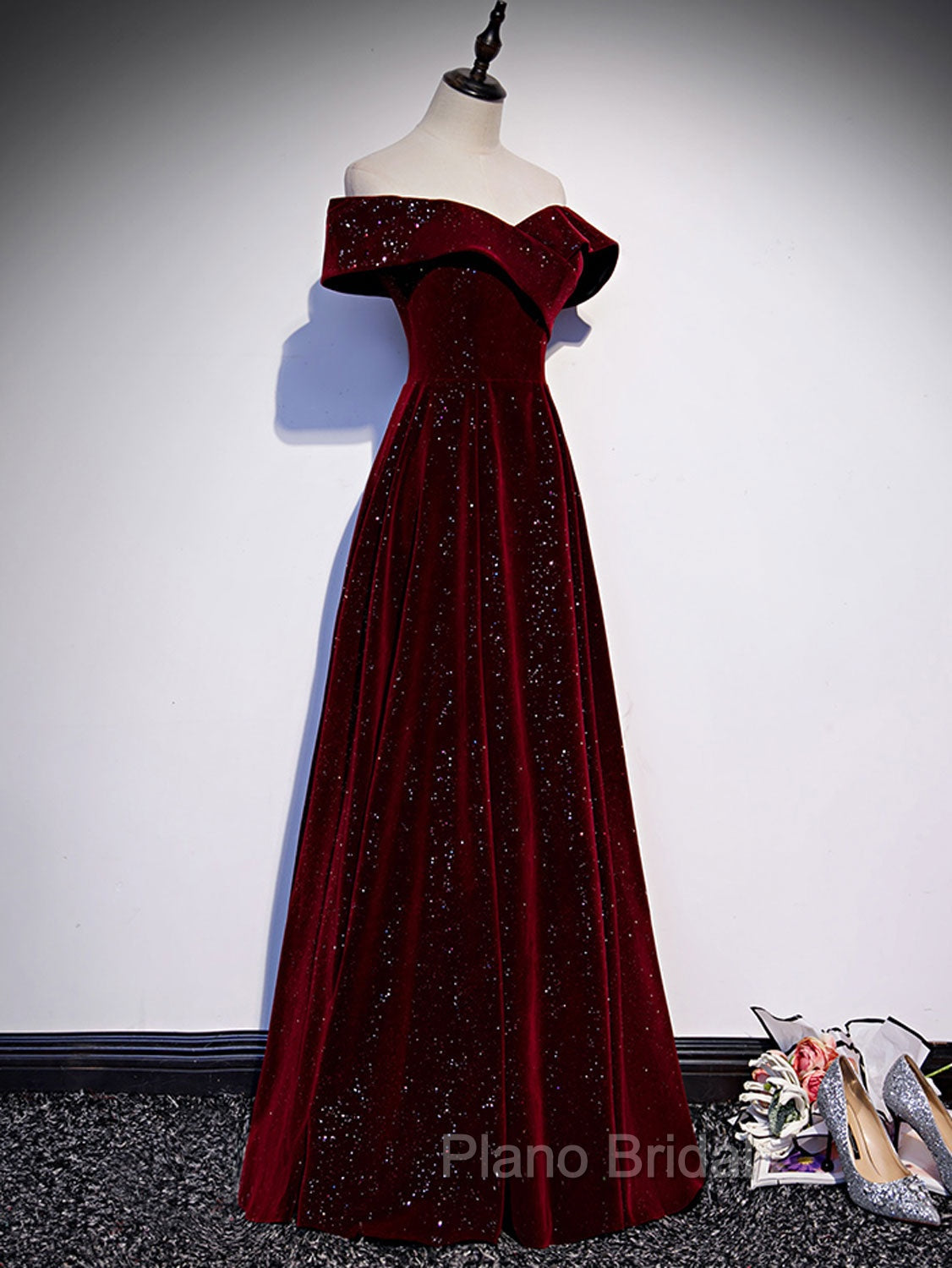 A-Line Off Shoulder Velvet Burgundy Long Formal Prom Dresses, Burgundy Long Formal Dresses Secondary image