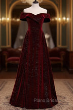 A-Line Off Shoulder Velvet Burgundy Long Formal Prom Dresses, Burgundy Long Formal Dresses