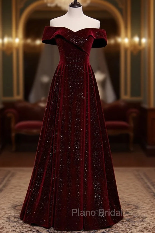 A-Line Off Shoulder Velvet Burgundy Long Formal Prom Dresses, Burgundy Long Formal Dresses