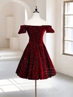 A-Line Off Shoulder Velvet Burgundy Short Formal Prom Dresses, Burgundy Homecoming Dresses