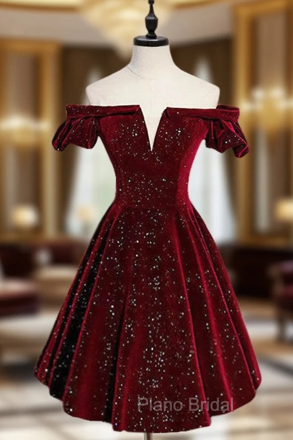 A-Line Off Shoulder Velvet Burgundy Short Formal Prom Dresses, Burgundy Homecoming Dresses Main image