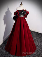A-Line Off Shoulder Velvet Lace Burgundy Long Formal Prom Dresses, Burgundy Long Formal Dresses