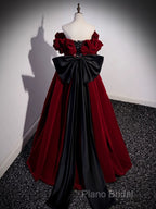 A-Line Off Shoulder Velvet Lace Burgundy Long Formal Prom Dresses, Burgundy Long Formal Dresses
