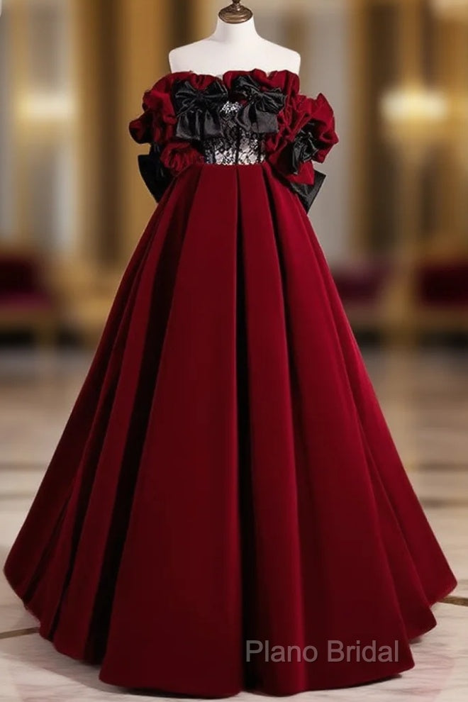 A-Line Off Shoulder Velvet Lace Burgundy Long Formal Prom Dresses, Burgundy Long Formal Dresses Main image