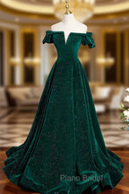 A-Line Off Shoulder Velvet Long Formal Prom Dresses, Green Velvet Graduation Dresses