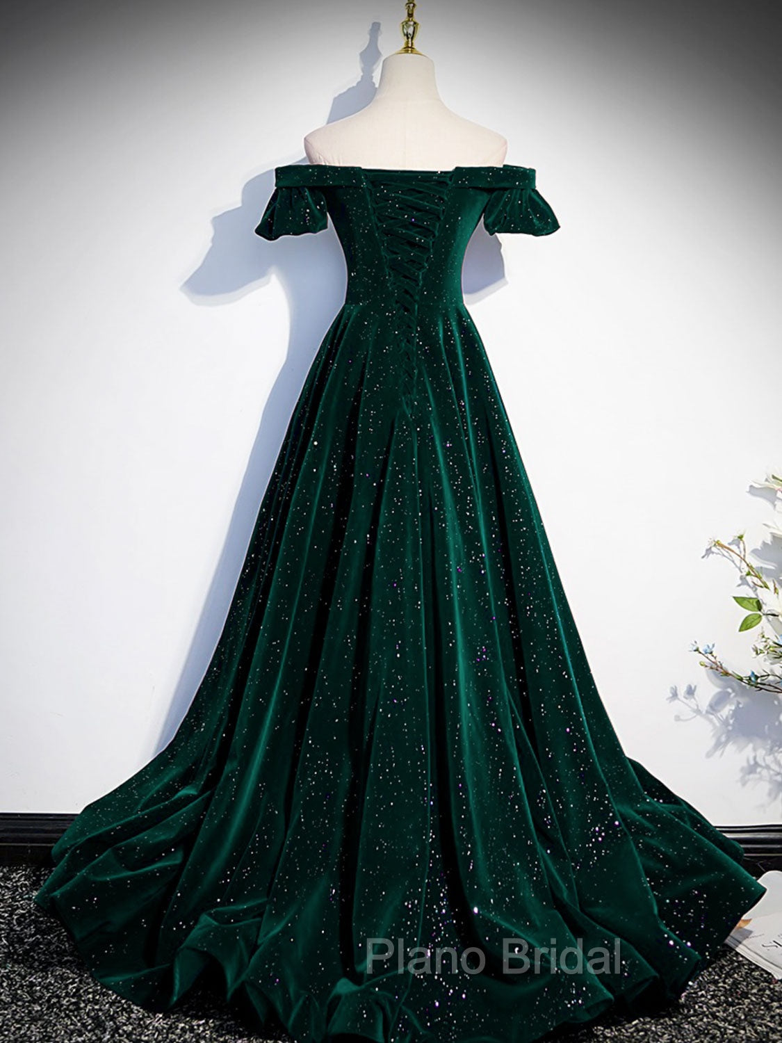 A-Line Off Shoulder Velvet Long Formal Prom Dresses, Green Velvet Graduation Dresses