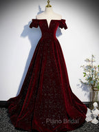 A-Line Off Shoulder Velvet Long Formal Prom Dresses, Green Velvet Graduation Dresses