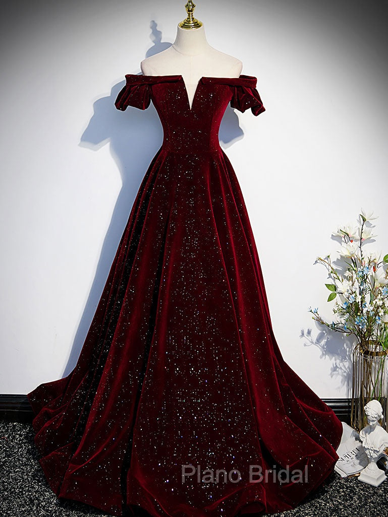 A-Line Off Shoulder Velvet Long Formal Prom Dresses, Green Velvet Graduation Dresses