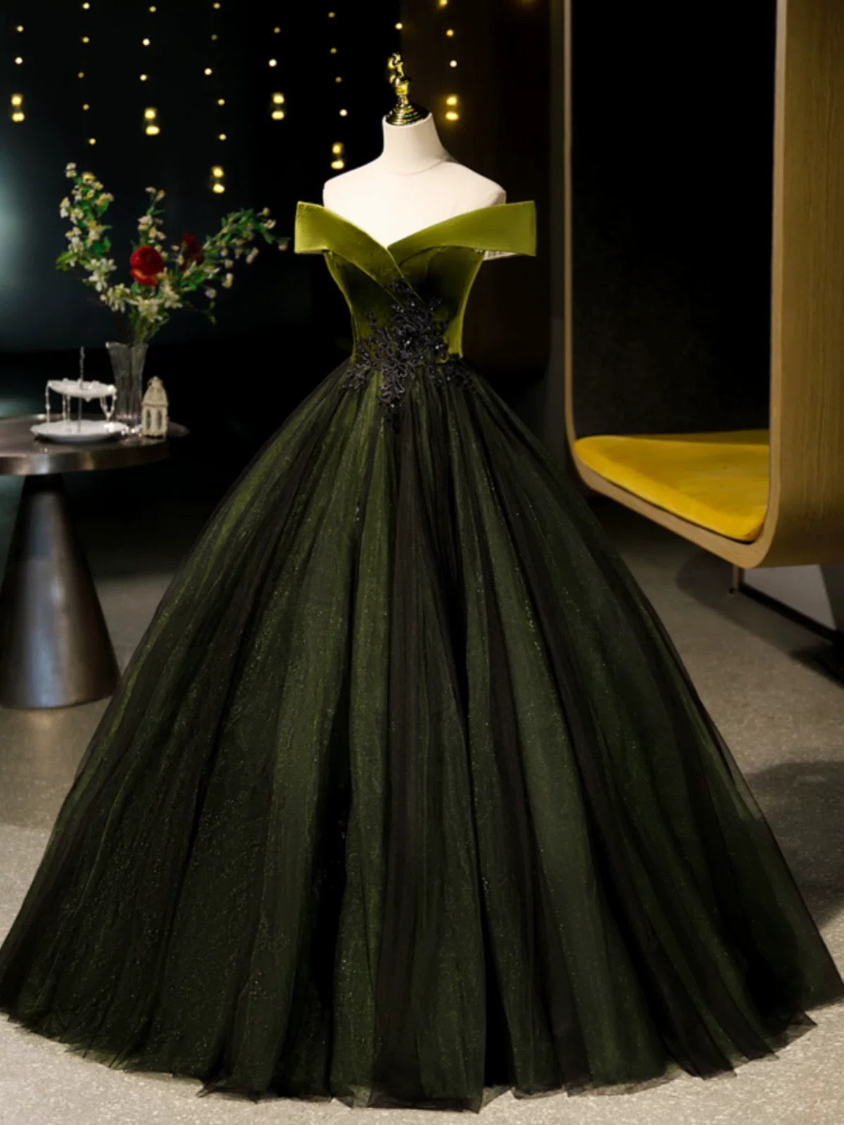 A-Line Off Shoulder Velvet Tulle Green Long Formal Prom Dresses, Green Long Formal Dresses Secondary image