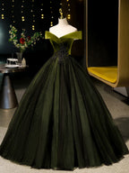 A-Line Off Shoulder Velvet Tulle Green Long Formal Prom Dresses, Green Long Formal Dresses
