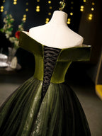 A-Line Off Shoulder Velvet Tulle Green Long Formal Prom Dresses, Green Long Formal Dresses