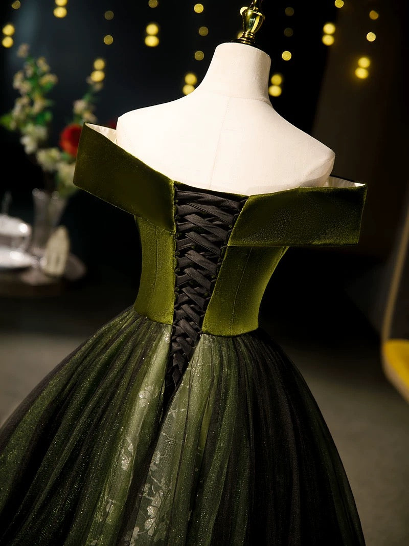 A-Line Off Shoulder Velvet Tulle Green Long Formal Prom Dresses, Green Long Formal Dresses