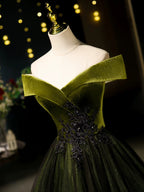 A-Line Off Shoulder Velvet Tulle Green Long Formal Prom Dresses, Green Long Formal Dresses