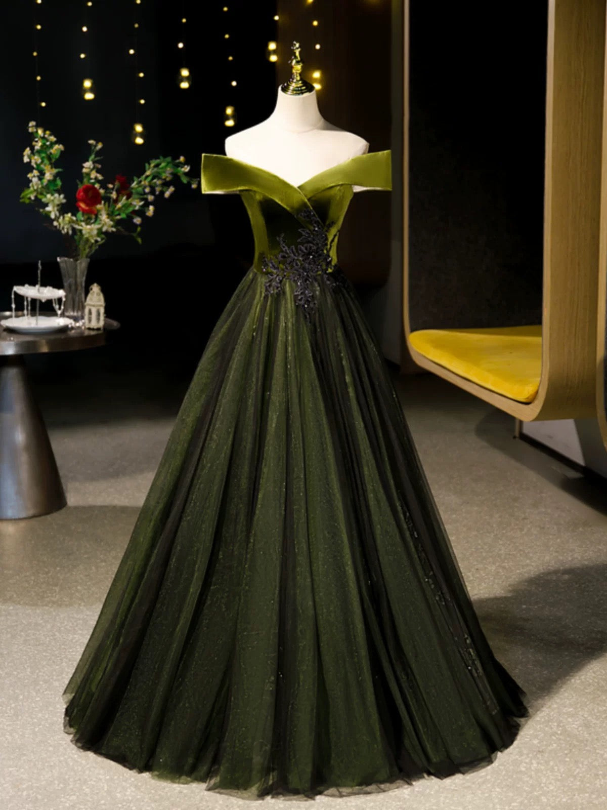 A-Line Off Shoulder Velvet Tulle Green Long Formal Prom Dresses, Green Long Formal Dresses