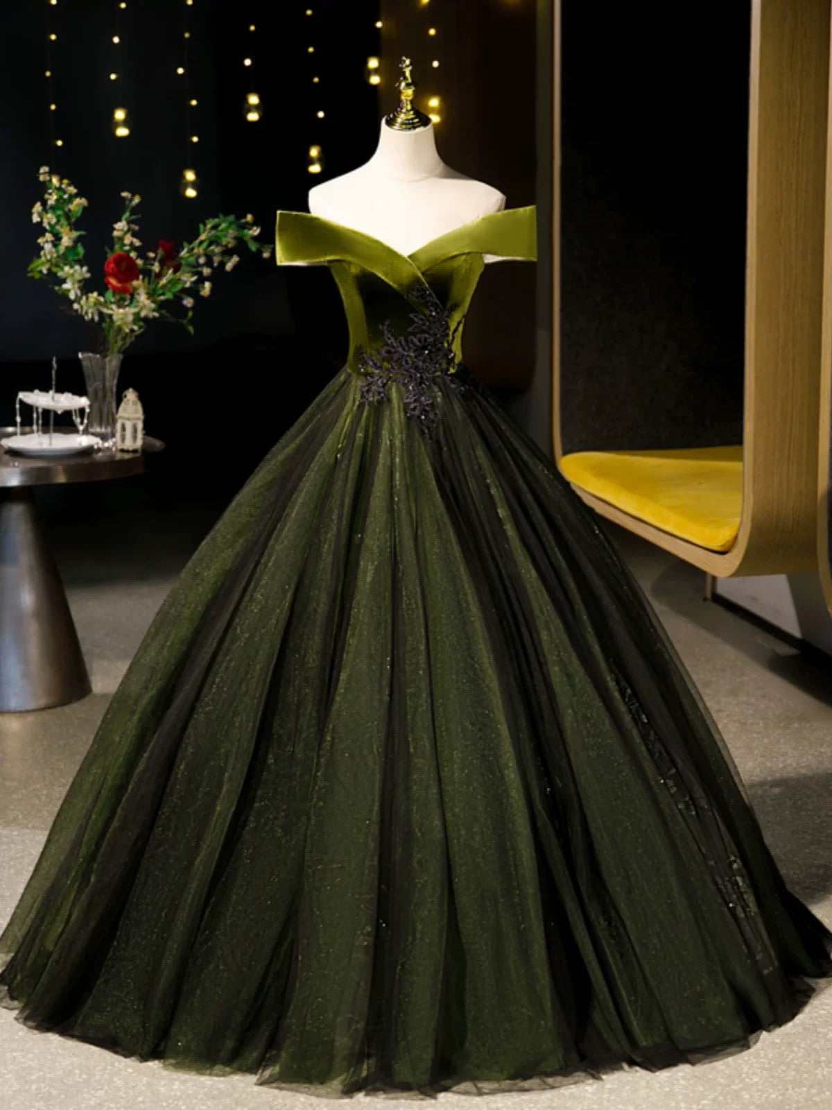 A-Line Off Shoulder Velvet Tulle Green Long Formal Prom Dresses, Green Long Formal Dresses Main image