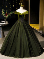 A-Line Off Shoulder Velvet Tulle Green Long Formal Prom Dresses, Green Long Formal Dresses