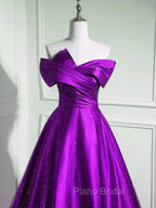 A-Line Off Shouolder Black And Purple Satin Party Dresses, Long Formal Prom Dresses