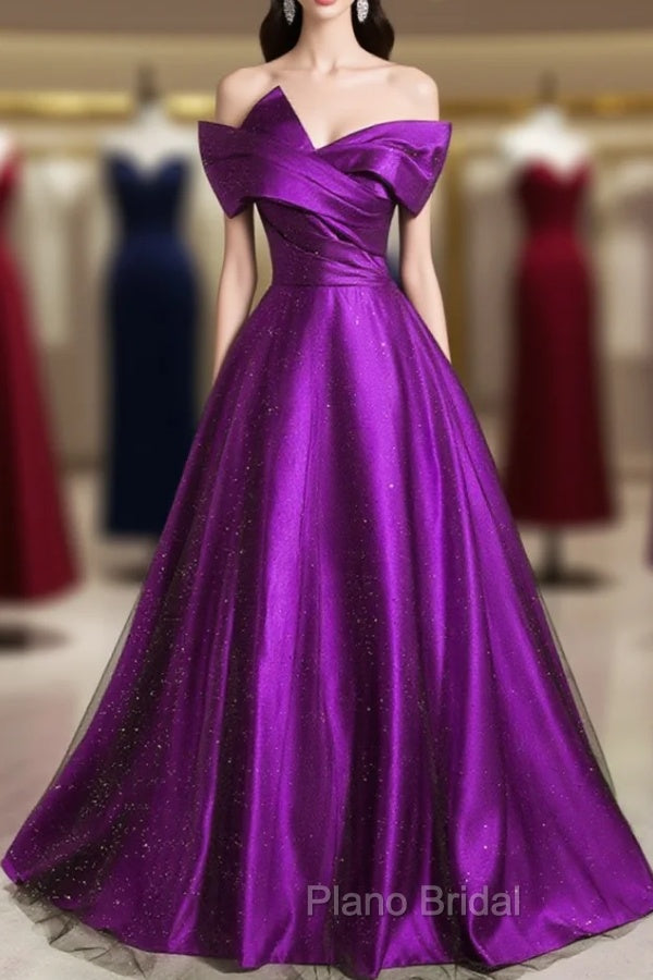 A-Line Off Shouolder Black And Purple Satin Party Dresses, Long Formal Prom Dresses Main image