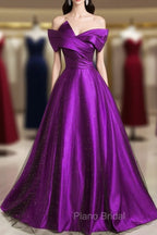 A-Line Off Shouolder Black And Purple Satin Party Dresses, Long Formal Prom Dresses