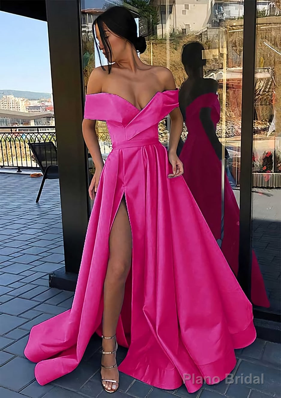 A-line Off-the-Shoulder Cap Straps Sweep Train Satin Prom Dresses With Pleated Split