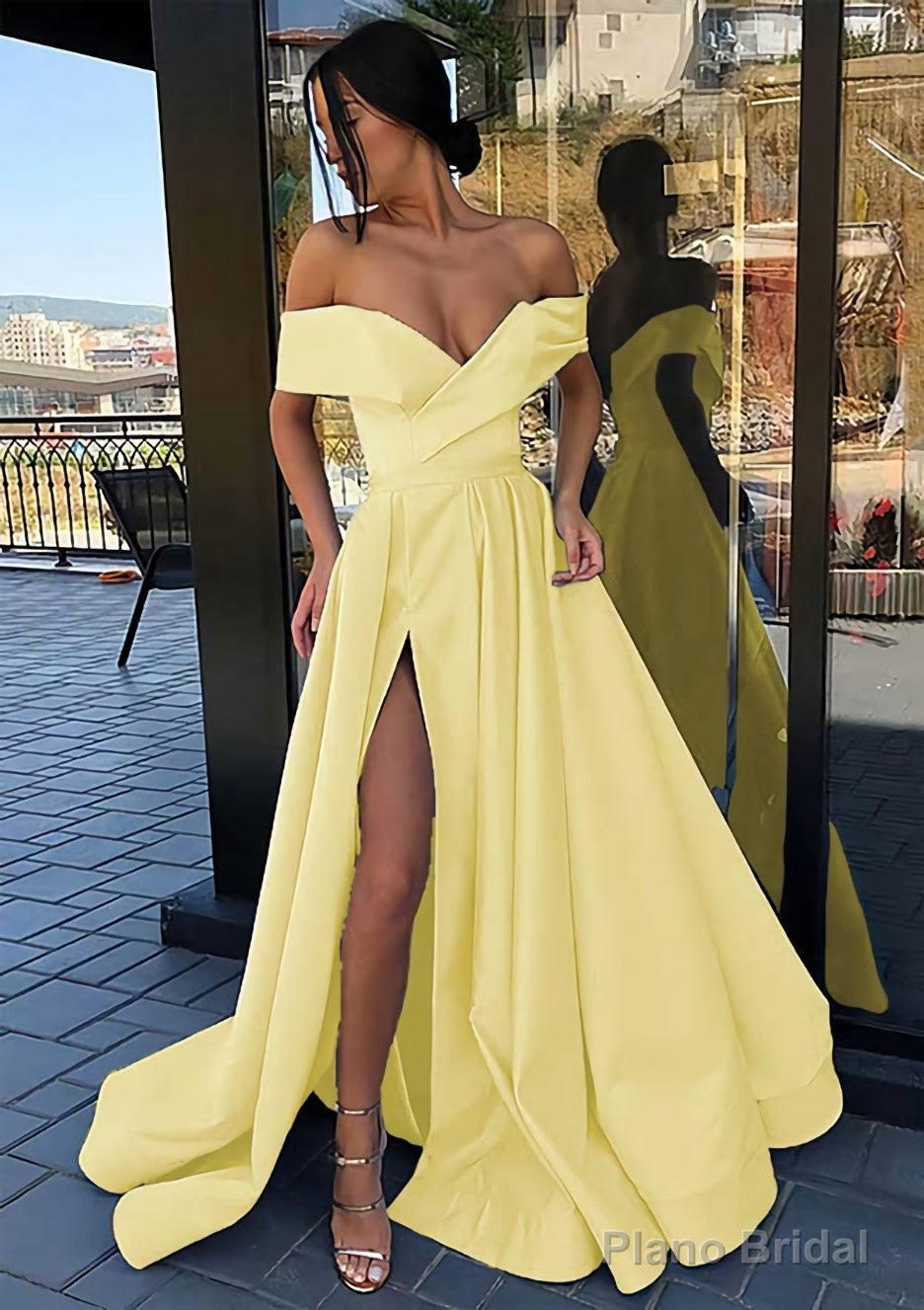 A-line Off-the-Shoulder Cap Straps Sweep Train Satin Prom Dresses With Pleated Split