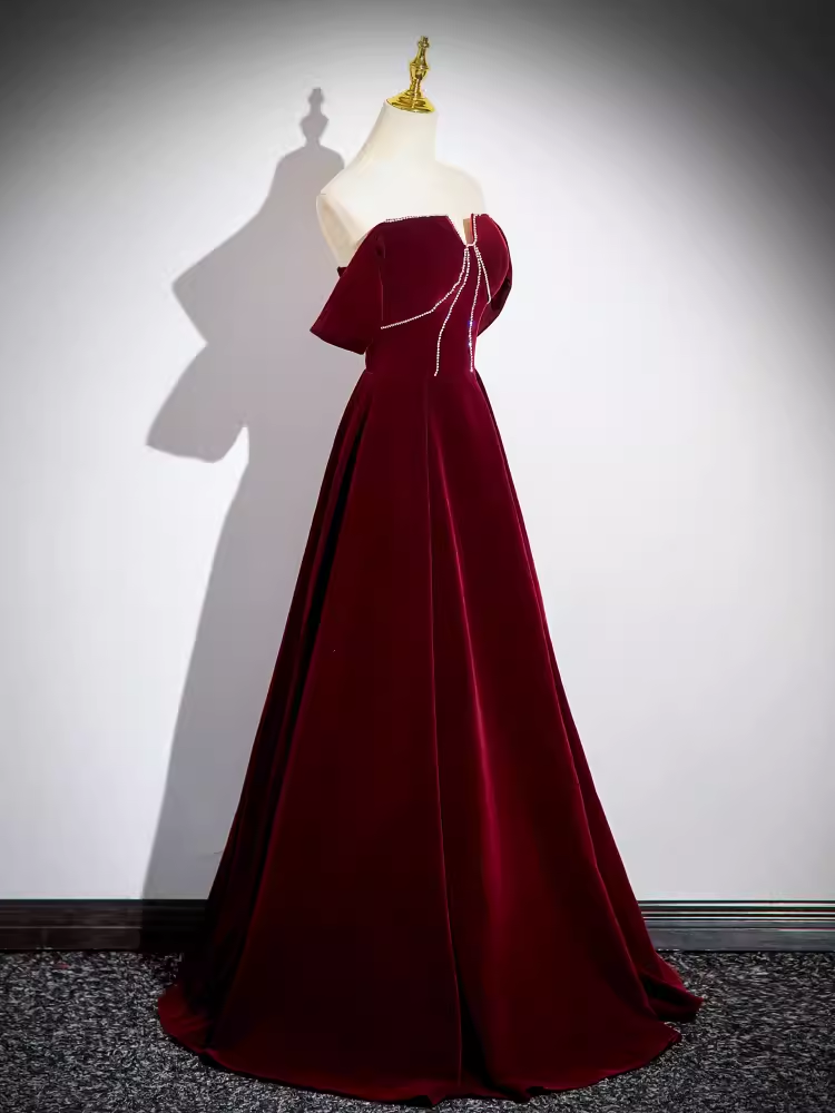 A line Off The Shoulder Evening Party Dress Velvet Prom Dress