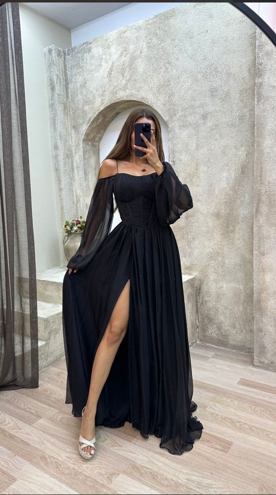 A Line Off The Shoulder Long Black Slit Formal Prom Dresses 21Th Birthday Outfits Main image