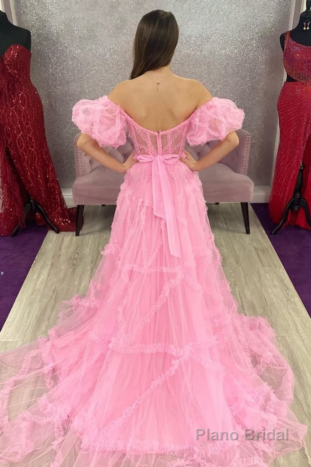 A Line Off the Shoulder Pink Tulle Corset Prom Dress with Bowknot Secondary image