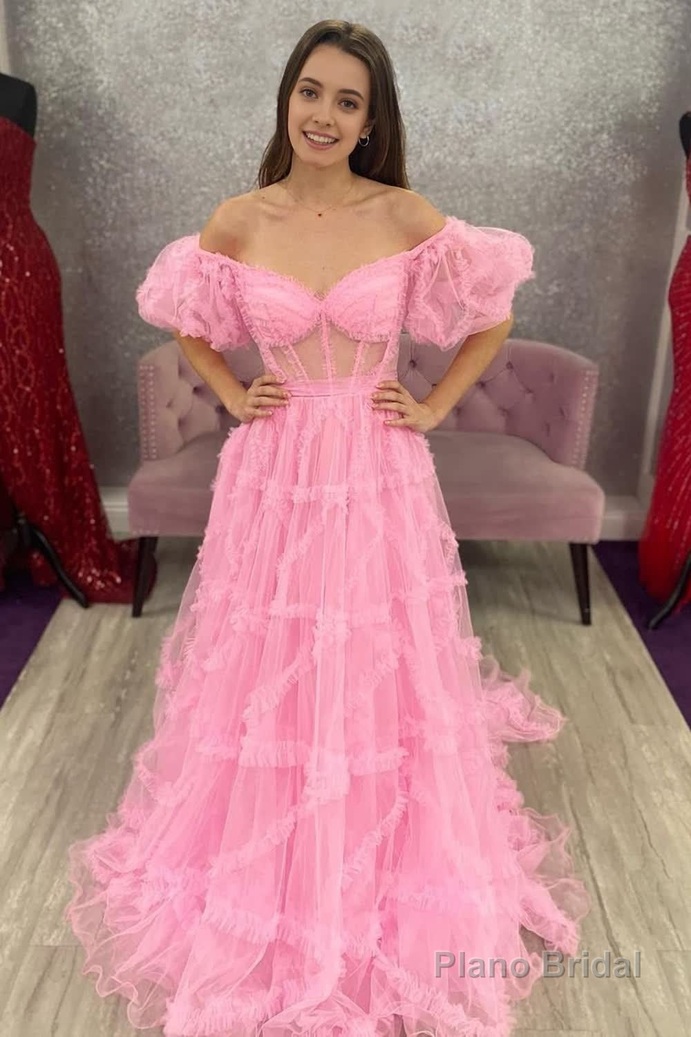 A Line Off the Shoulder Pink Tulle Corset Prom Dress with Bowknot Main image