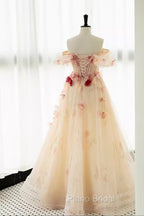 A Line Off the Shoulder Formal Prom Dresses with Flowers, Charming Tulle Party Gown