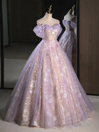 A Line Off the Shoulder Purple Lace Beaded Long Prom Dresses, Purple Lace Beaded Long Formal Evening Dresses