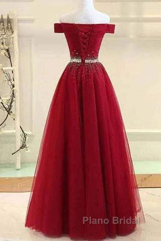 A-Line Off The Shoulder Red Tulle Formal Prom Dresses Evening Dresses With Beading, Secondary image