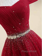 A-Line Off The Shoulder Red Tulle Formal Prom Dresses Evening Dresses With Beading,