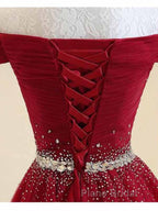 A-Line Off The Shoulder Red Tulle Formal Prom Dresses Evening Dresses With Beading,