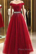 A-Line Off The Shoulder Red Tulle Formal Prom Dresses Evening Dresses With Beading,