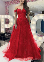 A-line Off-the-Shoulder Regular Straps Long/Floor-Length Tulle Prom Dresses With Appliqued Glitter
