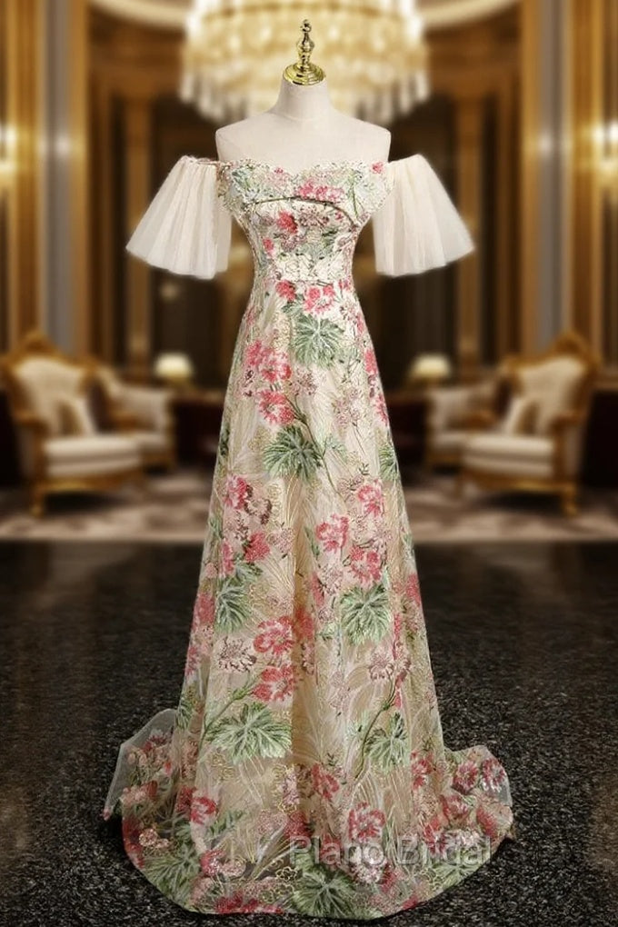 A-LIne Off the Shoulder Sequins Pearls Formal Prom Dresses Main image